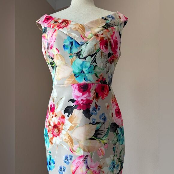 Gorgeous floral off the shoulder ASOS Scuba midi dress bodycon sz 8 wedding - Picture 10 of 12
